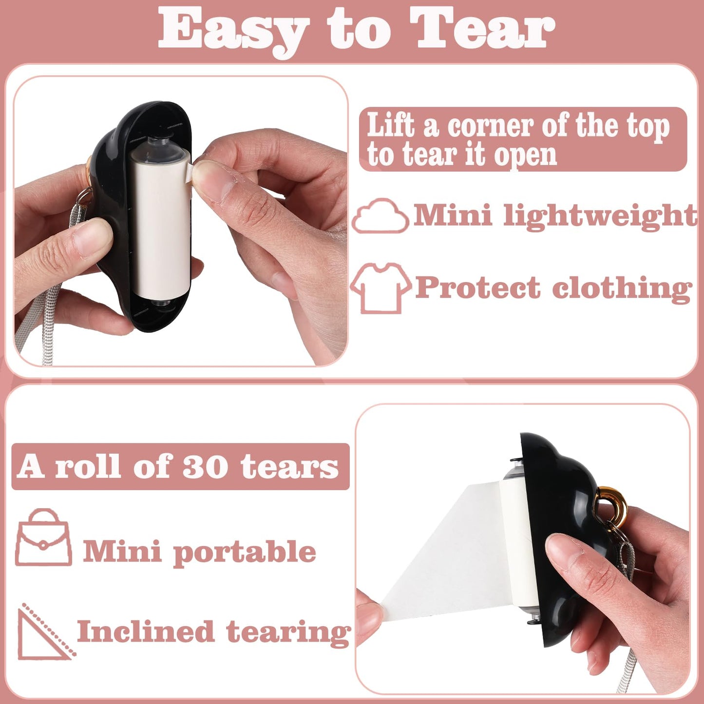 Mini Lint Roller Travel Size, Reusable Lint Roller for Travel, Pet Hair Remover Portable Lint Roller for Clothes with 150 Sheets Refillable (Pink)