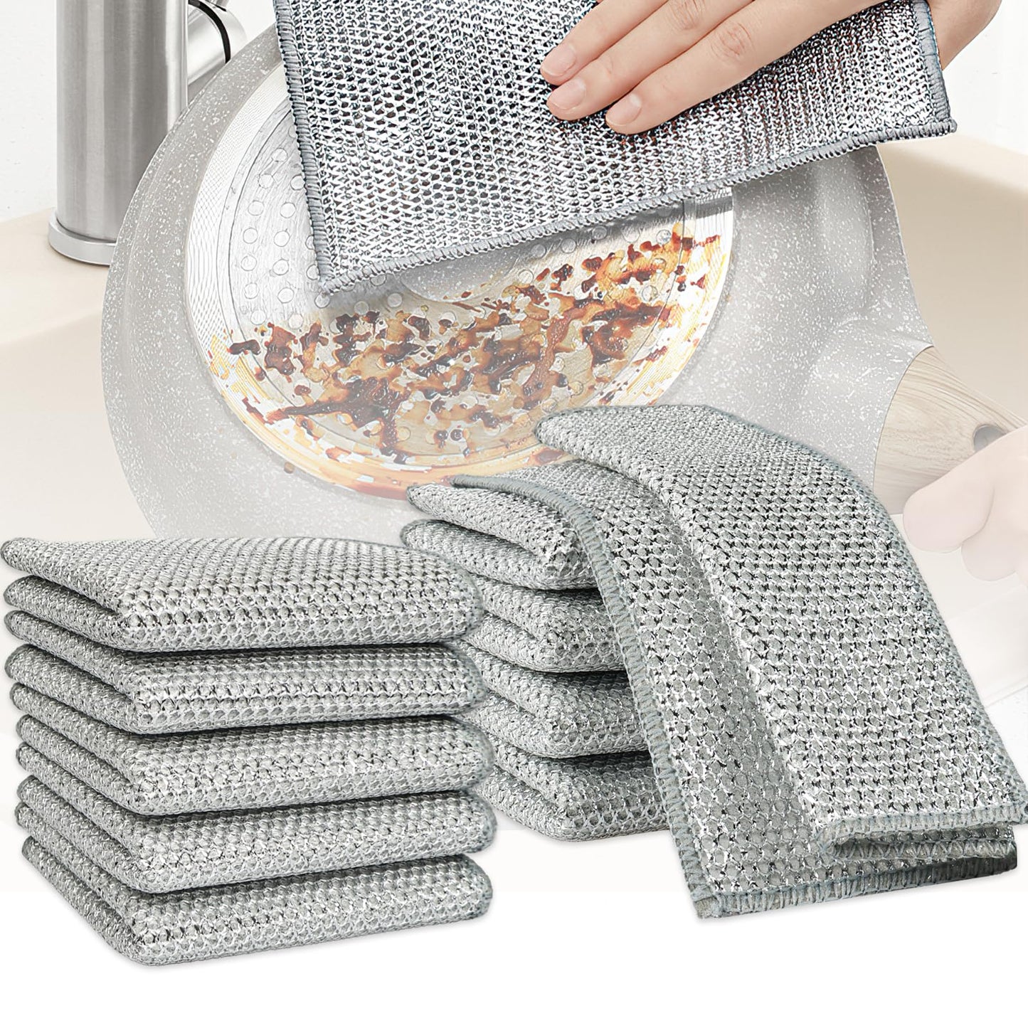 Multifunctional Non Scratch Dishcloth, Multipurpose Wire Dishwashing Rags for Wet and Dry, Wire Washing Cleaning Cloth Scrubbing Pads for Kitchen (10 Pcs)