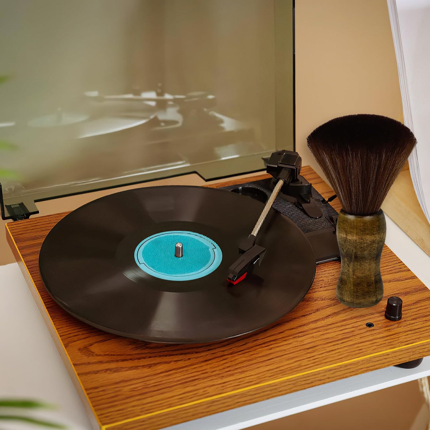 Vinyl Record Cleaner Brush, Anti Static Dust Remover with Fine Fiber Bristles, Wood Record Brush Accessories for Vinyl Albums LP CD Cartridge (Brownish Green)