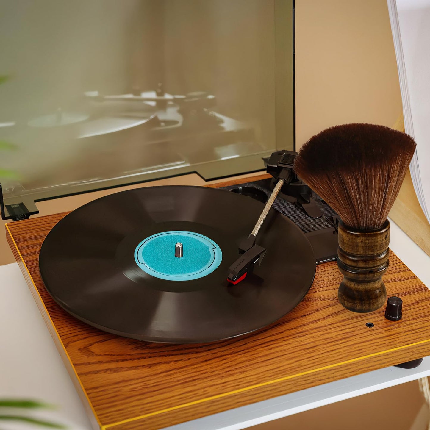 Vinyl Record Cleaner Brush, Anti Static Dust Remover with Fine Fiber Bristles, Wood Record Brush Accessories for Vinyl Albums LP CD Cartridge (Brownish Green)