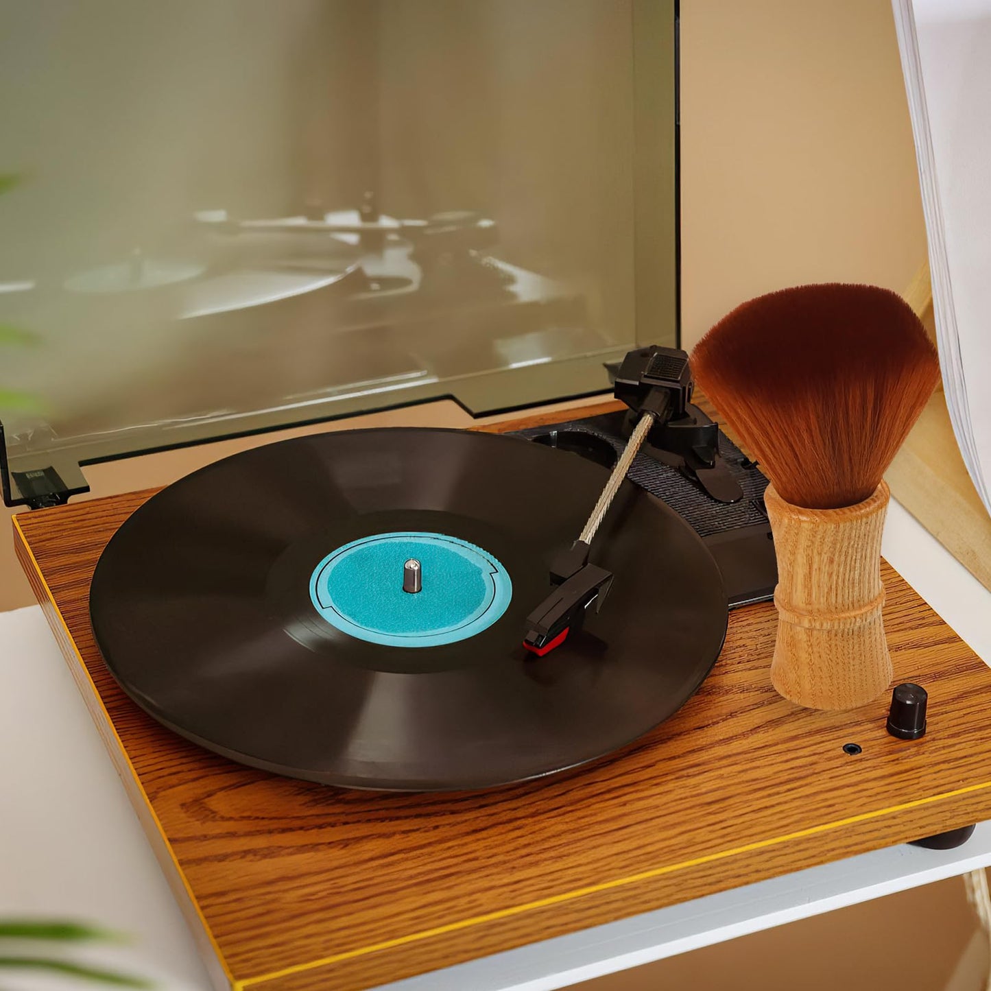 Vinyl Record Cleaner Brush, Anti Static Dust Remover with Fine Fiber Bristles, Wood Record Brush Accessories for Vinyl Albums LP CD Cartridge (Brownish Green)