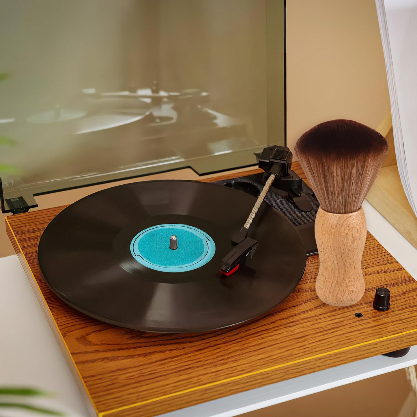 Vinyl Record Cleaner Brush, Anti Static Dust Remover with Fine Fiber Bristles, Wood Record Brush Accessories for Vinyl Albums LP CD Cartridge (Brownish Green)