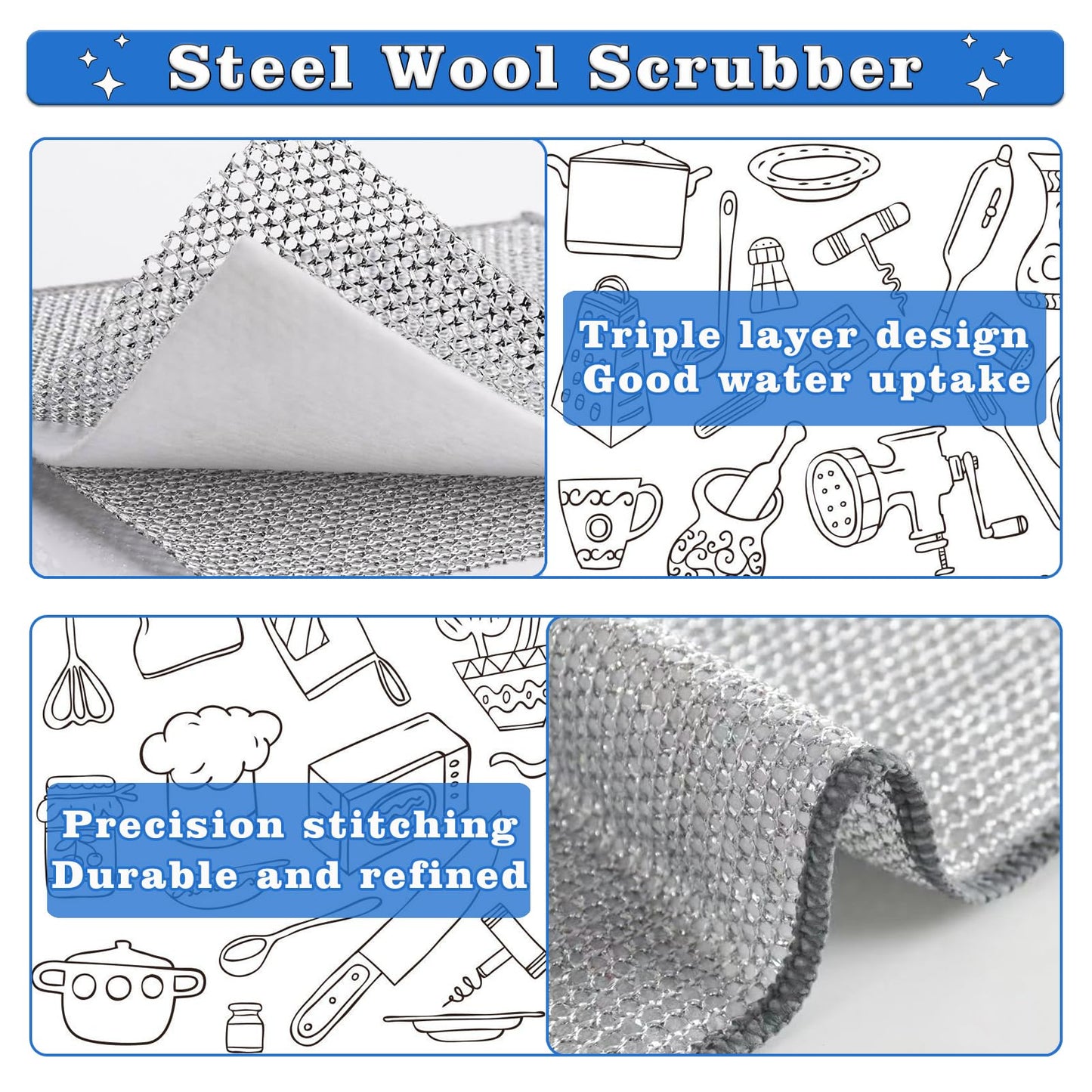 Multifunctional Non Scratch Dishcloth, Multipurpose Wire Dishwashing Rags for Wet and Dry, Wire Washing Cleaning Cloth Scrubbing Pads for Kitchen (10 Pcs)