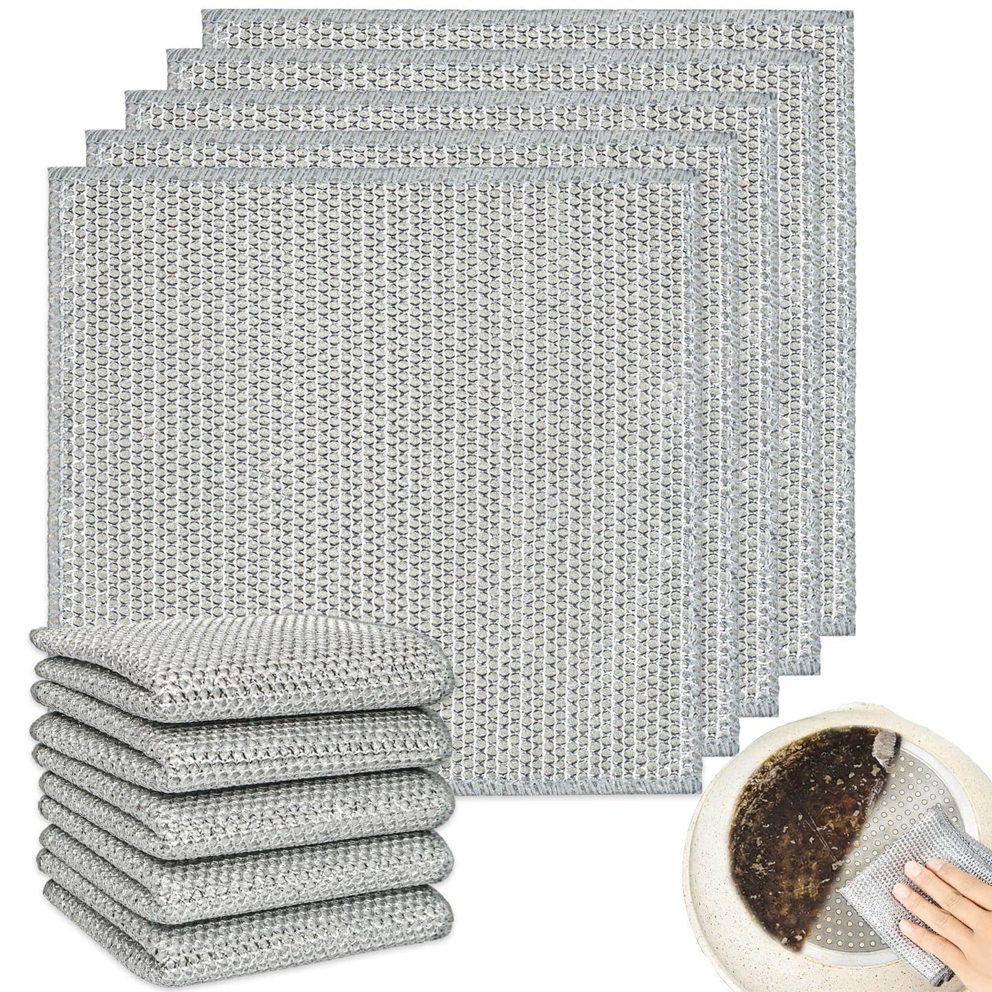 Multifunctional Non Scratch Dishcloth, Multipurpose Wire Dishwashing Rags for Wet and Dry, Wire Washing Cleaning Cloth Scrubbing Pads for Kitchen (10 Pcs)